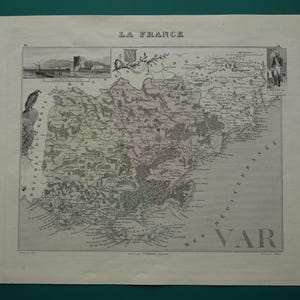 VAR ヴァール県アンティーク マップ フランス 1870 年美しい古い手彩色プリント トゥーロン ラ セーヌ シュル メール イエール フレジュス プラン ヴィエル カルテ マップ