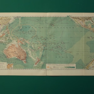 alte Landkarte Ozeanien von Australien oder Neuseeland detaillierte Landkarte, Landkarte Polynesien Fidschi Gilbert, Hawaii Inseln - 10x18"