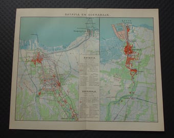 Old map of Jakarta and Surabaya Indonesia 1915 original antique Dutch city plan of Batavia and Soerabaja detailed vintage maps 9x12&quot;