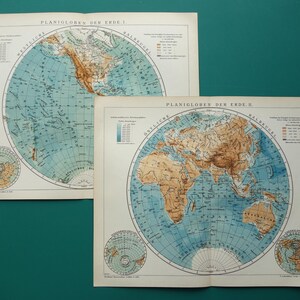 May include: Two vintage world maps, titled "PLANIGLOBEN DER ERDE", are displayed. The maps feature a blue ocean and tan landmasses, with detailed geographical information. Each map has a circular inset showing a polar view.