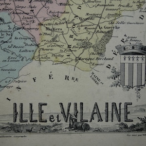 Antieke kaart van het departement Ille et Vilaine, Frankrijk 1870 originele oude handgekleurde print Rennes Saint-Malo Fougères Vitré Bruz vintage kaarten
