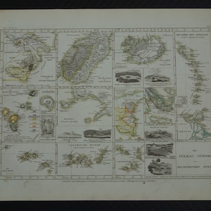 VULKAN alter Druck der Vulkane Atlantik um 1851 originale antike Karten von Vulkanregionen Italien Island Illustration Vintage Karten