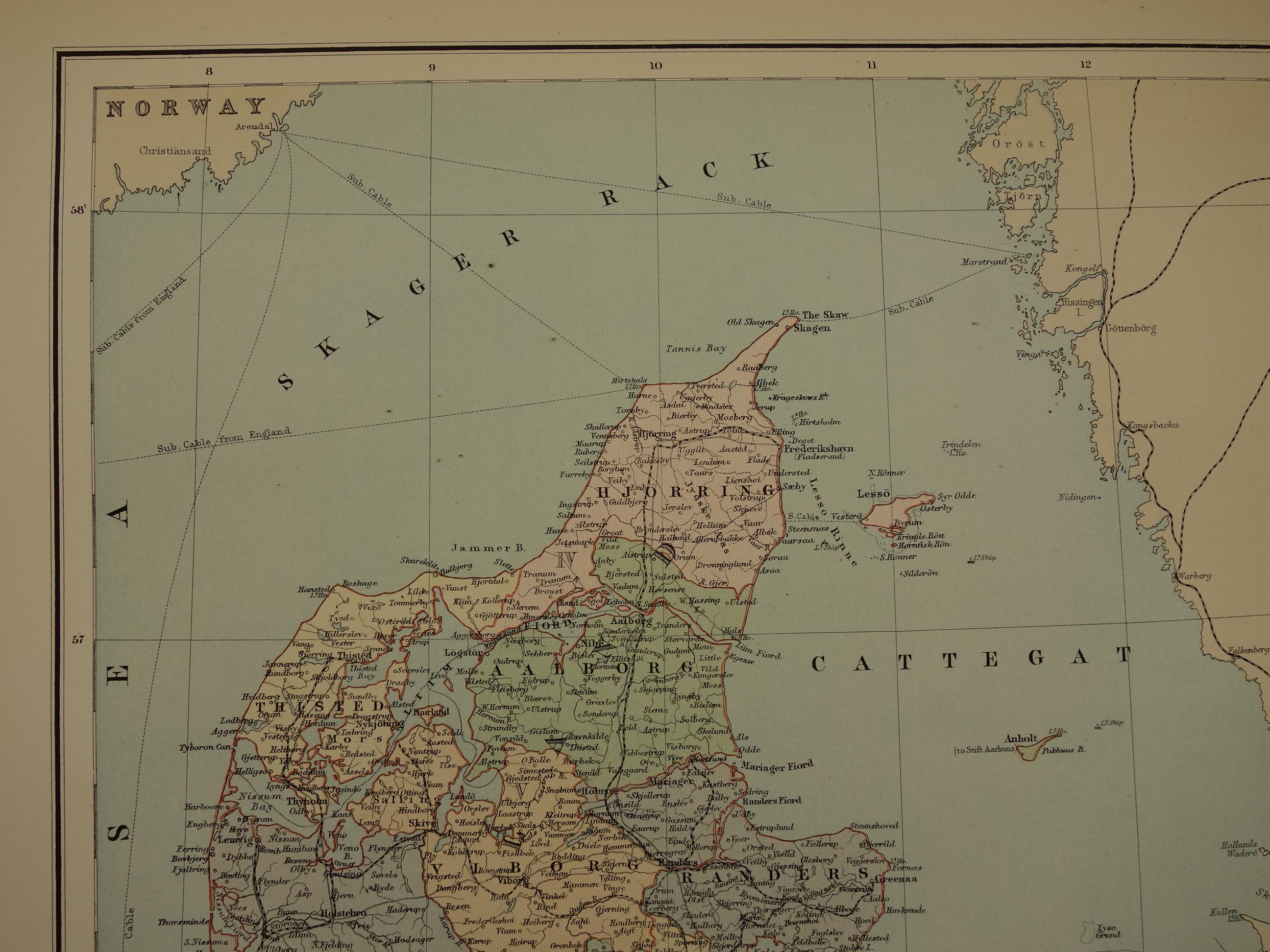 1890 DENMARK Old Map LARGE Original Antique Print About Danish Colonies ...