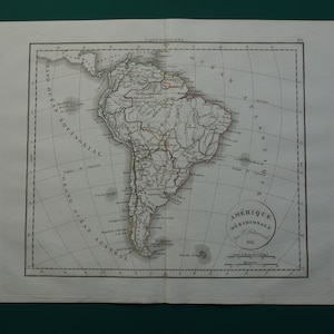 AMÉRIQUE DU SUD Carte ancienne de 1832, véritable affiche française ancienne/impression de cartes vintage du continent sud-américain - datée de l'année
