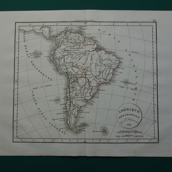SÜDAMERIKA Antike Karte 1832 echtes altes französisches Poster von südamerikanischen Kontinent vintage Karten - mit Jahreszahl datiert