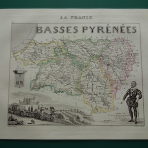 Pyrénées-Atlantiques 1856 original old map - hand-colored antique engraving of Pau Bayonne Anglet Biarritz departement France vieille carte