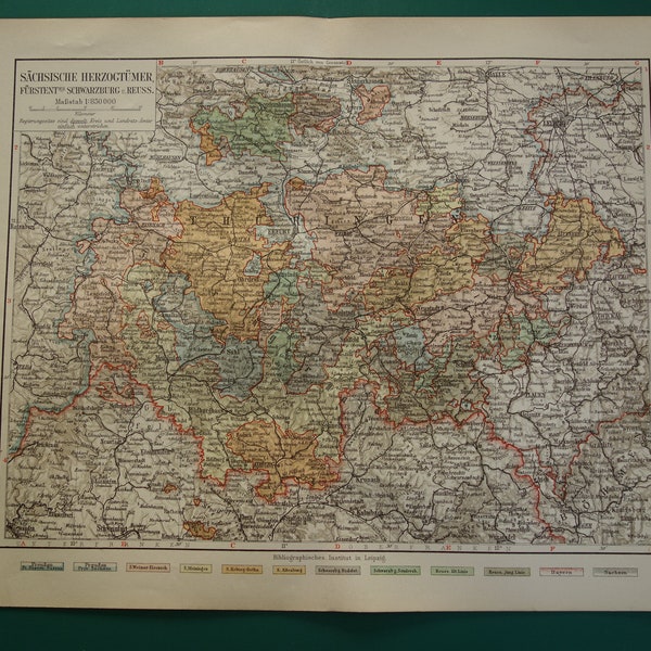 DEUTSCHLAND alte Landkarte von Thüringen 1905 original vintage Druck Erfurt Weimar Gotha Eisenach - detaillierte vintage Karten 10x12"