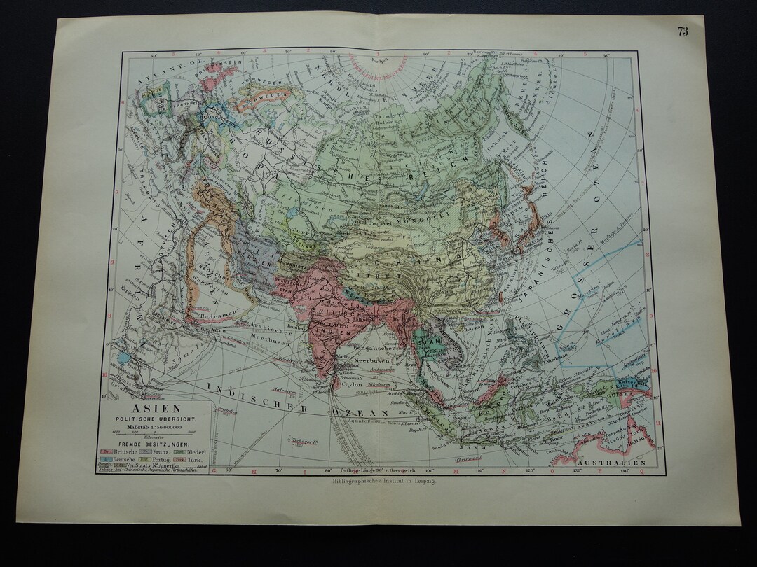 100 Years Old Map of Asia Original 1913 Antique Print About Asian ...