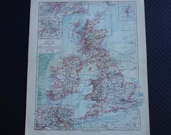 BRITISH ISLES map 1913 detailed old vintage print of Great Britain and Ireland Antique maps England Yorkshire London