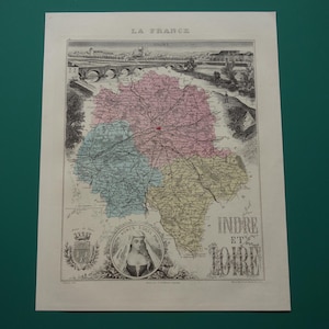 INDRE-ET-LOIRE 1880 mapa antigo original do departamento França Impressão antiga colorida à mão Tours Saint Avertin mapas vintage