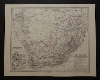 SÜDAFRIKA Karte von Transvaal Republik von 1881 antiker deutscher Kunstdruck über Kapstadt Johannesburg Durban Vintage Maps Poster 15x19 groß