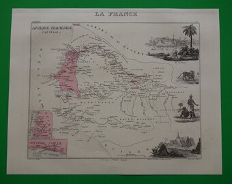 1880 alte Landkarte von Senegal - handkolorierter antiker Stich - Saint Louis Dakar Ile de Gorée Französische Kolonien - Vieille Carte - 22 x 28 cm