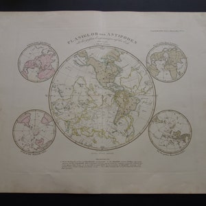 Antike Weltkarte der Antipoden - Wunderschönes 160+ Jahre altes handkoloriertes Poster - Vintage Antipoden Weltkarte Planiglobe 14x18"