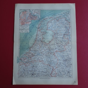 Ancienne carte des Pays-Bas des Pays-Bas, 1913, impression détaillée antique originale - cartes vintage Amsterdam La Haye, Pays-Bas