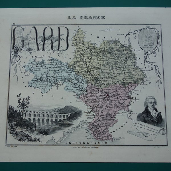 GARD ancienne carte du département du Gard France 1870 estampe ancienne originale sur Nîmes Alès Bagnols-sur-Cèze Beaucaire Pont du Gard cartes anciennes