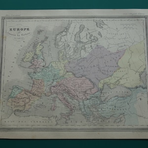 EUROPA antiguo mapa histórico de Europa 1877 mapa francés antiguo original sobre Europa en el siglo VI, época de la invasión bárbara Mapas históricos