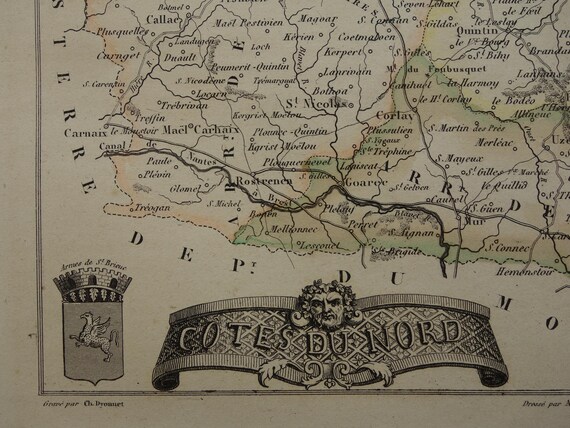 1856 Antique Map of Côtes-d'armor Department France - Beautiful