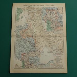 WWI alte Landkarte Ostfront 1938 originale Vintage Druck Erster Weltkrieg Schauplatz Einsätze Frontlinien Karten Serbien