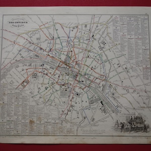 パリの古い地図 フランスの都市計画 1856 パリの乗合馬車路線のオリジナルアンティークプリント - ビンテージ公共交通機関の地図