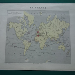 1870 alte Weltkarte französischer Kolonien - Original handkolorierte antike koloniale Weltkarten