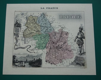 Isère old map of Isere department France 1870 original antique hand-colored poster print Grenoble Échirolles Vienne Fontaine vintage maps