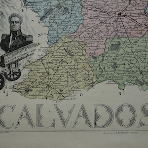 May include: Antique map of Calvados, France, featuring detailed cartography with hand-drawn lines and color-coded regions. Includes a portrait of JSC Dumont D'Urville and the word "CALVADOS" in large, ornate lettering. The map is a historical document.