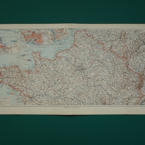Ancienne carte de France de France 1905, impression vintage détaillée du nord de la France - cartes anciennes Brest Le Havre Cherbourg