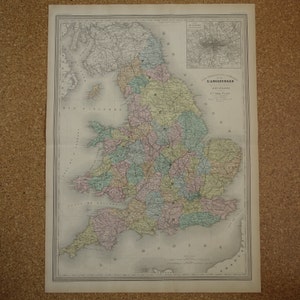 INGLATERRA mapa antiguo de Inglaterra 1880 impresión antigua coloreada a mano original de Gran Bretaña Gales Londres Cornualles Devon Kent - mapas antiguos grandes