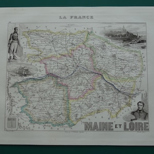 MAINE ET LOIRE 1856 originele oude kaart - handgekleurde antieke gravure - Angers Saumur Cholet Segré departement France vieille carte kaarten
