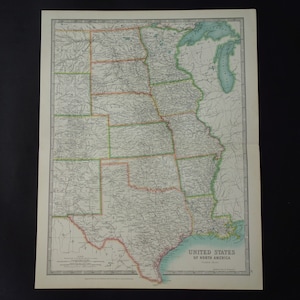 Ancienne carte des États-Unis du centre des États-Unis de 1921, impression/affiche antique originale sur le Texas, Dallas, Louisiane, La Nouvelle-Orléans, Kansas, grandes et grandes cartes vintage, 14 x 18 po.