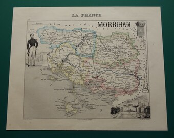 Carte ancienne du département du Morbihan, France, 1856 - belle estampe ancienne colorée à la main - carte vintage Lorient Vannes Ploemeur Lanester - 30,5 x 30,5 cm