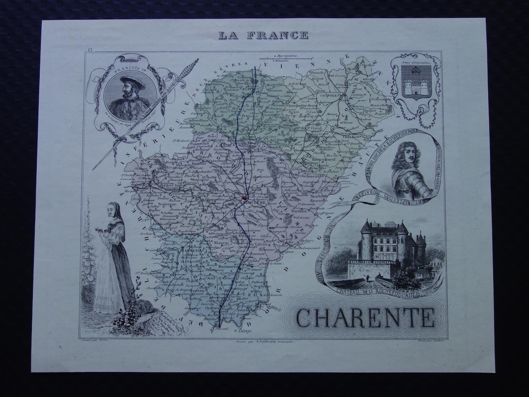 1870 CHARENTE Old Map of Charente Department - Original Hand-colored ...