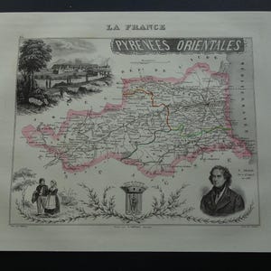 ピレネー オリアンタル県フランス 1851 年の古い地図ペルピニャン サン テステーヴ エルヌのヴィンテージ地図に関するアンティーク プリント