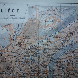 Ponad 120-letnia mapa Liège w Belgii, antyczny plan miasta z 1910 r., Liege Luik Lüttich Ludje Belgique, wydrukowane mapy zabytkowe