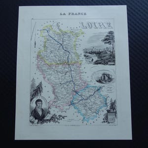 Oude kaart van het departement LOIRE Frankrijk 1856 originele antieke print Montbrison vintage gedetailleerde kaarten Frankrijk