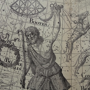 Ancienne carte du ciel vintage carte d'astronomie néerlandaise de Cannes vena Bootes Vierge coma Bérénice signe du zodiaque hémisphère antique constellation étoiles impression