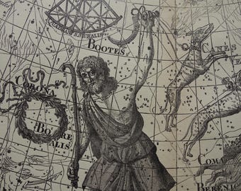Old star chart vintage Dutch astronomy map of Canes vena Bootes Virgo Coma Berenice zodiac sign antique hemisphere constellation stars print
