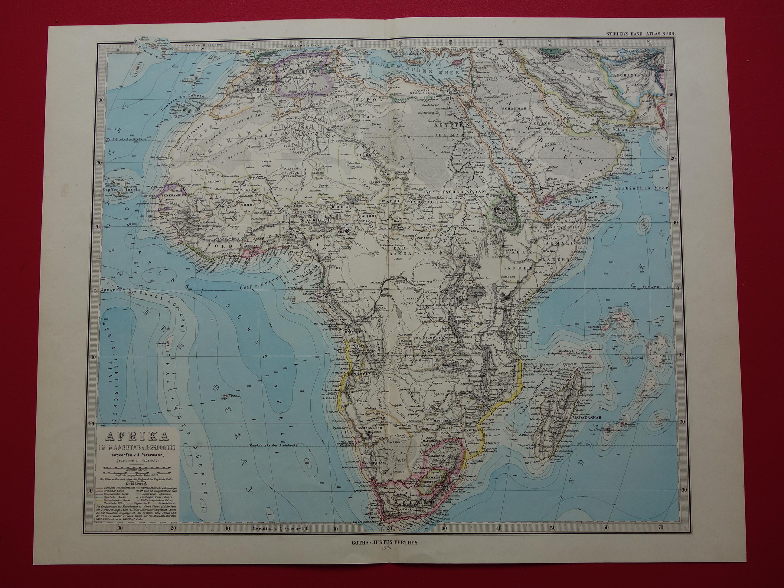 Ancienne carte de l'Afrique de 1879, cartes papier anciennes originales du continent africain
