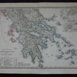 GRIECHENLAND antike Landkarte des griechischen Königreiches Schöne original 1860 alte handkolorierte Druck Ionische Inseln Athen Piräus 14x18"große Vintage Karten