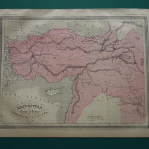 Carte d'histoire ancienne de 1877 sur Cyrus le Jeune, impression ancienne du prince persan Le Jeune et de Xénophon le Dix mille, route de l'expédition de retraite