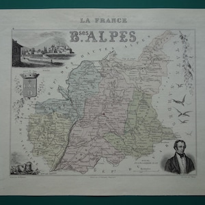 1870 Alpes de Haute Provence alte Karte von Basses-Alpes Frankreich - schöne antike Landkarte über Digne Manosque Vintage Maps Vielle Carte