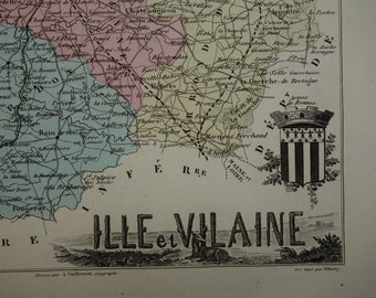 Antique map of Ille et Vilaine department France 1880 original old hand-colored print Rennes Saint-Malo Fougères Vitré Bruz vintage maps