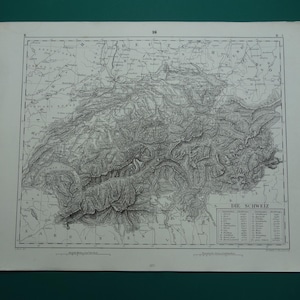 Ancienne carte de la SUISSE Impression originale de plus de 175 ans de Berne Zurich Lucerne en 1849 cartes vintage Alpes suisses