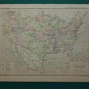 Mapa antiguo de los Estados Unidos de América de 1896, mapa antiguo impreso en francés sobre EE. UU., mapas antiguos de EE. UU., 9 x 12 pulgadas