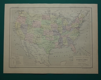 USA old map of the United States of America in 1896 antique French print map about US USA vintage maps 9x12"
