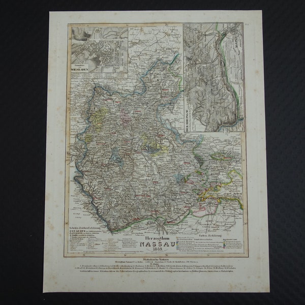 NASSAU old map of Nassua Duchy Germany 1849 original antique print of Frankfurt Wiesbaden Mainz vintage maps plan Herzogtum alte karte von