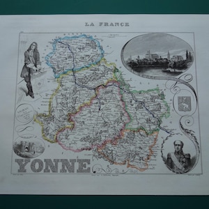 1856 ヨンヌ ヨンヌ フランスの古い地図 オーセール アヴァロン サンス シャブリについてのオリジナル アンティーク プリント 詳細なビンテージ マップ フランス 9x11"