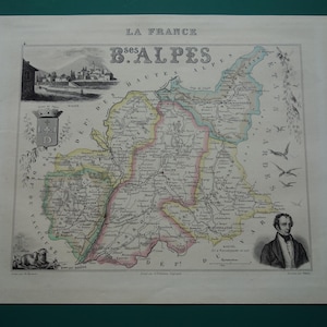 1856 Alpes de Haute Provence old map of Basses Alpes department France - lovely antique print about Manosque vintage maps vielle carte