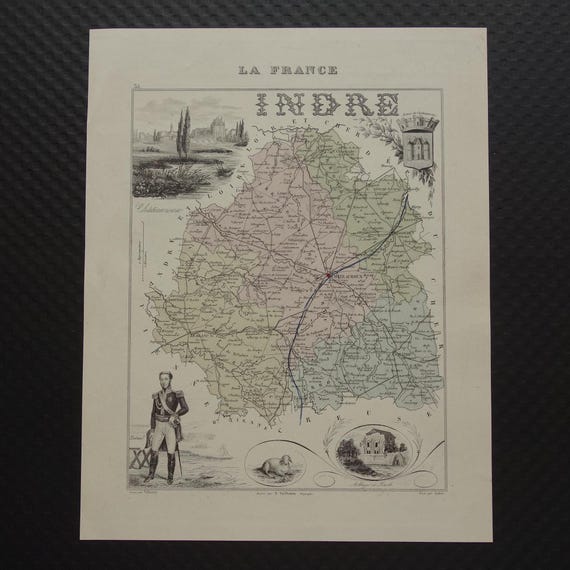 1870 INDRE Old Map of Indre Department France Original Antique