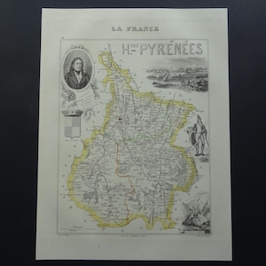Hautes-Pyrenees old map 1851 original antique hand-colored Pyrénées print of Tarbes Lourdes Aureilhan department France vieille carte 9x11"